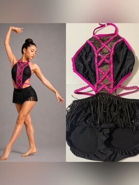 Pumpers jazz dance costume custom solo pink illusion black jazz fringe SA adult